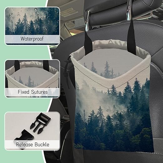 NHNXHWIA Misty Forest Car Trash Bag,Foggy Mountain Hanging Drawstring Car Garbage Bag,Waterproof Canvas Car Back Seat Organizer with Adjustable Buckle,for Vehicles,SUVs,Camping,Road Trips