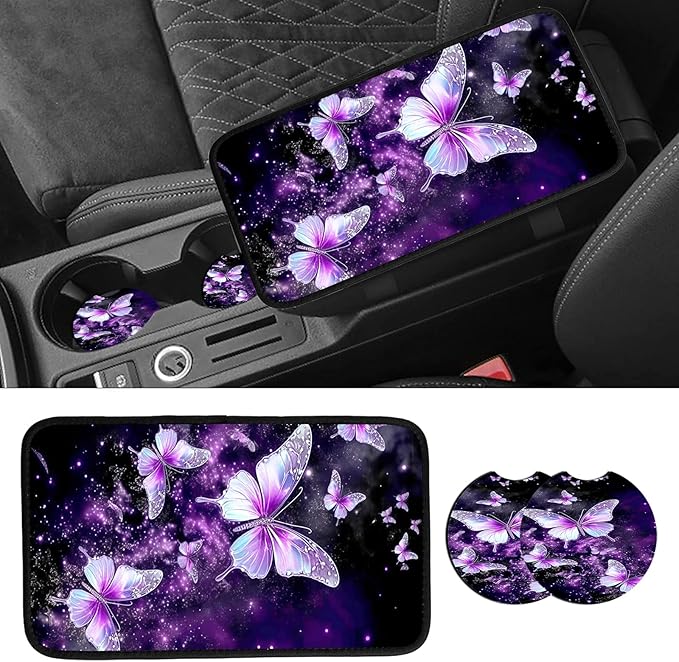 JANENFNA Car Armrest Cover Pads Universal Fashion Cute Auto Center Console Armrest Cover Pad with 2PCS Car Coasters Soft Waterproof Car Armrest Seat Protector for Women,Purple Butterflies