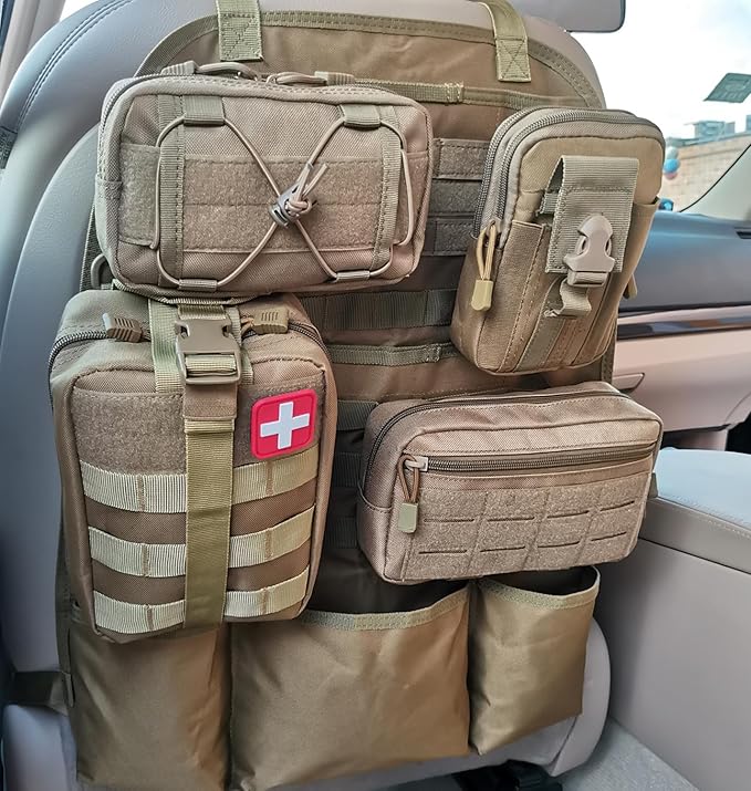 Vviitop Molle Seat Back Organizer, Tactical Car Seat Cover Organizer Panel with Pouches, Molle Universal Vehicle Panel (TAN)