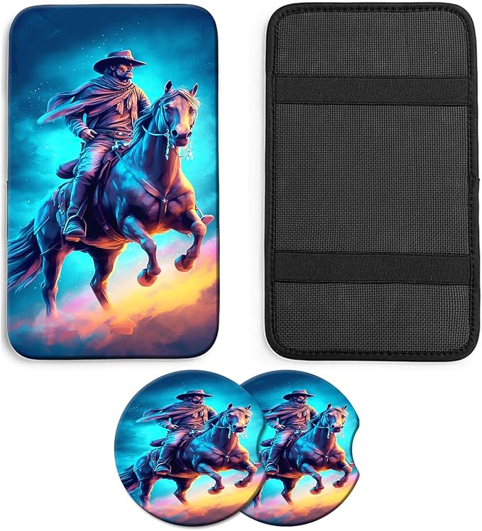 JANENFNA Car Armrest Cover Pads Universal Fashion Cute Auto Center Console Armrest Cover Pad with 2PCS Car Coasters Soft Waterproof Car Armrest Seat Protector for Women,Cowboy Horse
