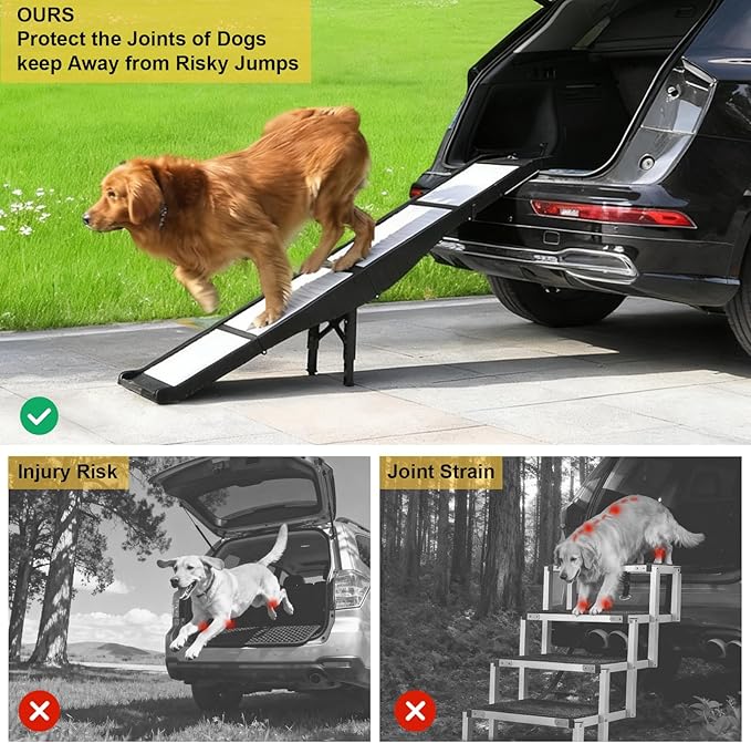 BAQTALE Foldable Dog Ramp for Cars 8 Adjustable Heights with Support Leg, Non-Slip Surface, Portable Pet Ramp for Small, Medium & Large Dogs up to 220lb, Carry-on Size Outdoor Ramp