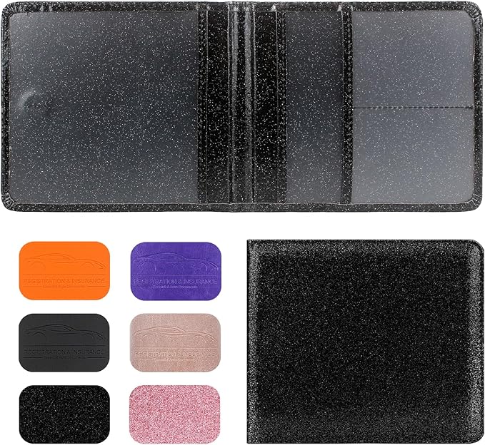 LumiMokki Car Registration and Insurance Holder, Leather Registration and Insurance Card Holder, Vehicle Glove Box Organizer - For Documents, Cards, License (Bling Black)