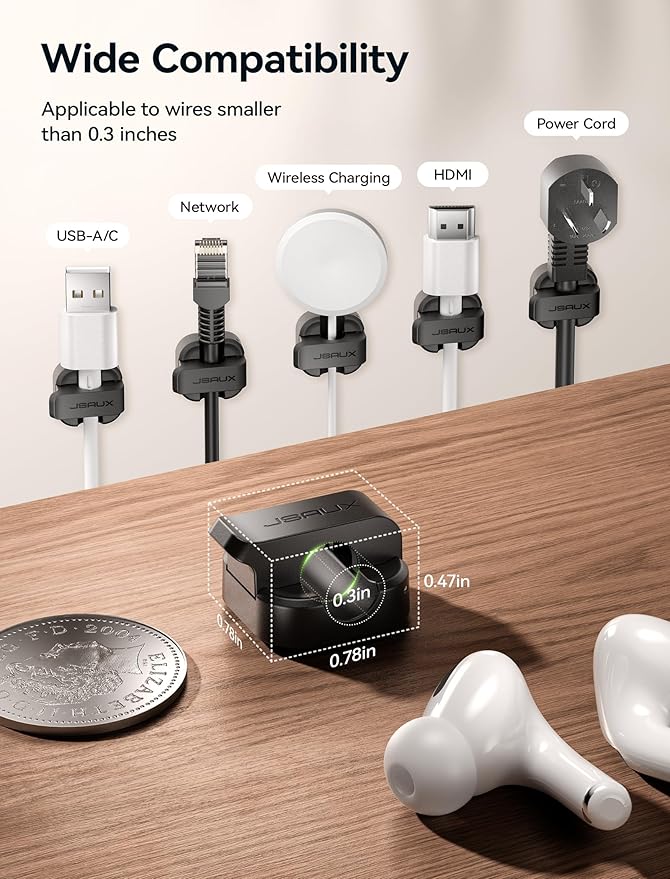 JSAUX Magnetic Cord Organizer 8 Pack – Black Cable Clips with Strong Adhesive – Easy-Open Wire Holder for Desk, Nightstand, Kitchen, Office & Car – Cable Management for Phone, Charger, Appliances