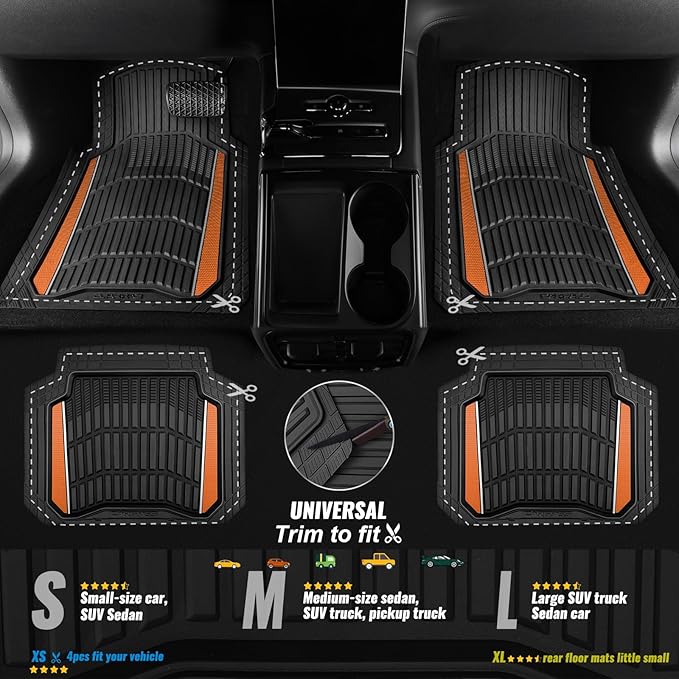 CAR PASS Heavy Duty Rubber Car Floor Mats, Deep Waterproof Car Floor Mats All Weather, Aluminum Film Floor Mats for Cars Non-Slip Universal Trim Fit for SUVs Trucks Sedans Vans, Black Orange Metallic