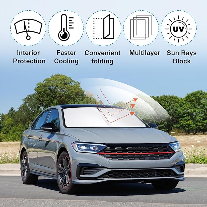 Windshield Sun Shade Custom Fit for 2019 2020 2021 2022 2023 2024 2025 2026 Volkswagen VW Jetta Accessories Foldable Sunshade Sun Blocker Protect Car from Sun Rays & Heat Damage Keep Car Cooler