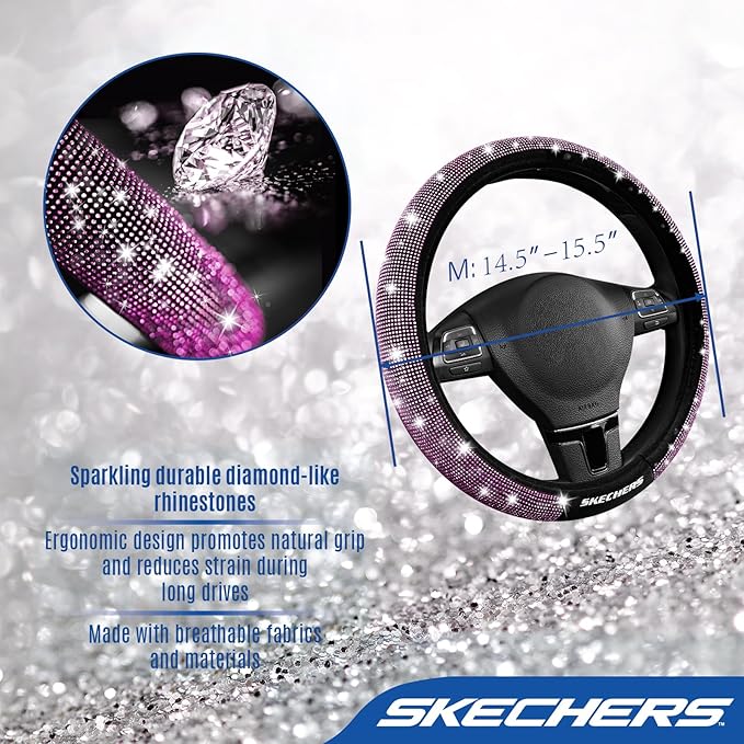 Skechers Women’s Bling Steering Wheel Cover, Velvet with Sparkly Crystal Rhinestones, Stylish Car Interior Gift, Universal Fit 14" 1/2-15" for Cars, SUVs, Trucks, Purple Diamond