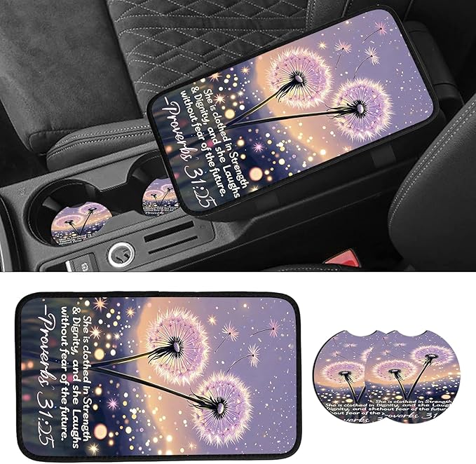 JANENFNA Car Armrest Cover Pads Universal Fashion Cute Auto Center Console Armrest Cover Pad with 2PCS Car Coasters Soft Waterproof Car Armrest Seat Protector for Women,Proverbs 31:25 Dandelion
