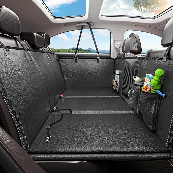 MYJAQI Back Seat Extender for Dogs, Waterproof Dog Car Seat Cover for Back Seat with Hard Bottom, 2025 Upgraded Material, 100% Waterproof, Safer, Easy to Use and Clean, Holds 400lbs