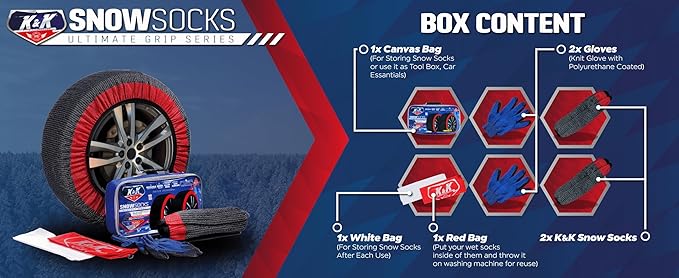 K&K Auto Snow Socks for Tires – Pro Series for Ultimate Grip Approved Snow Chain Alternative Traction Device – Tire Sock for Car SUV Van Minivan – Winter Travel Accessory Emergency Kit – XL (2pcs)