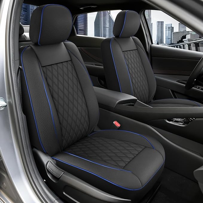 GIANT PANDA 2PCS Front Seat Covers for Hyundai, Piping Leather Durable Waterproof Seat Cover to Fit Sonata Elantra Santa Fe Tucson Accent Kona Palisade Genesis, Airbag Compatible (Black+Blue)