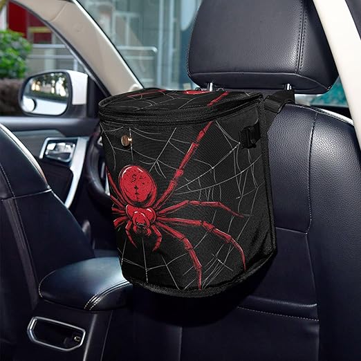 MNSRUU Car Trash Can with Lid, Red Spider on A Web Car Trash Bag Hanging Organizers and Storage for Front Back Seat, Leak-Proof Trash Bin