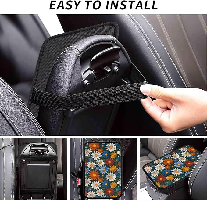 Hippie Floral Car Center Console Armrest Pad Daisy Cute Auto Armrest Seat Box Cover Protector for Vehicle SUV Truck Sedans Universal Car Interior Accessories