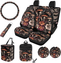 10 PCS Car Interior Accessories Sets for Women, Mushroom Flower Printed Comfortable Breathable Car Front and Back Seat Protector with Steering Wheel Cover Trash Can Coaster, Universal Fits