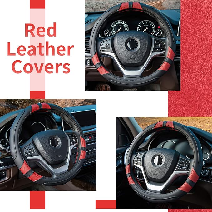 Achiou Red Car Steering Wheel Cover Universal 15 inch with Grip Contours, Leather Auto for Men and Women Non-Slip Breathable Soft and Comfortable