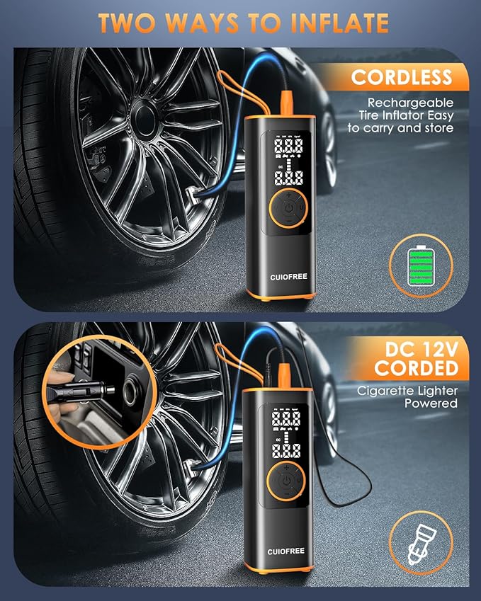 CUIOFREE Portable Tire Inflator for Car, Cordless Tire Inflator Portable Air Compressor with Digital Pressure Gauge,150PSI Dual Power, Portable Air Pump for Car Tires, Motorcycle, Bicycle, Bike, Ball