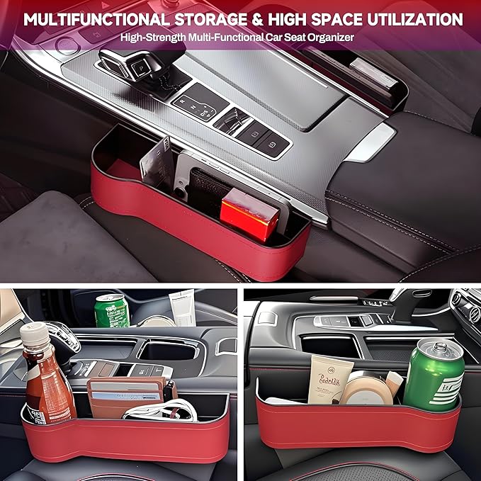 AIUSLN 2026 Upgraded 2 PC (L+R) Premium PU Leather Car Seat Gap Filler Organizer with Cup Holder & Storage Slot/Bag– Fits Front Seat, Holds Phone, Glasses, Keys,Car/SUV/Truck Essentials Gifts