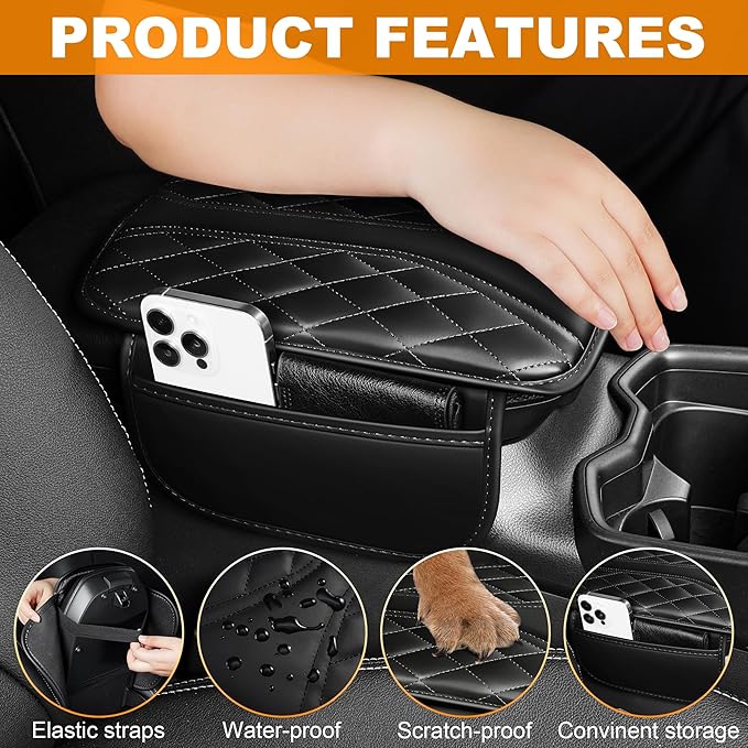Car Center Console Cover Fit for Jeep Grand Cherokee - Leather Armrest Covers with 2 Storage Pockets(Black)