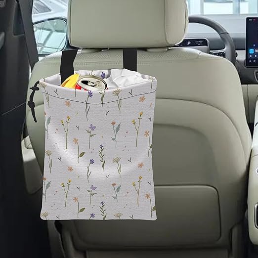 Car Trash Bag Wildflowers Car Garbage Bag Hanging Car Trash Can for Back Seat with Drawstring