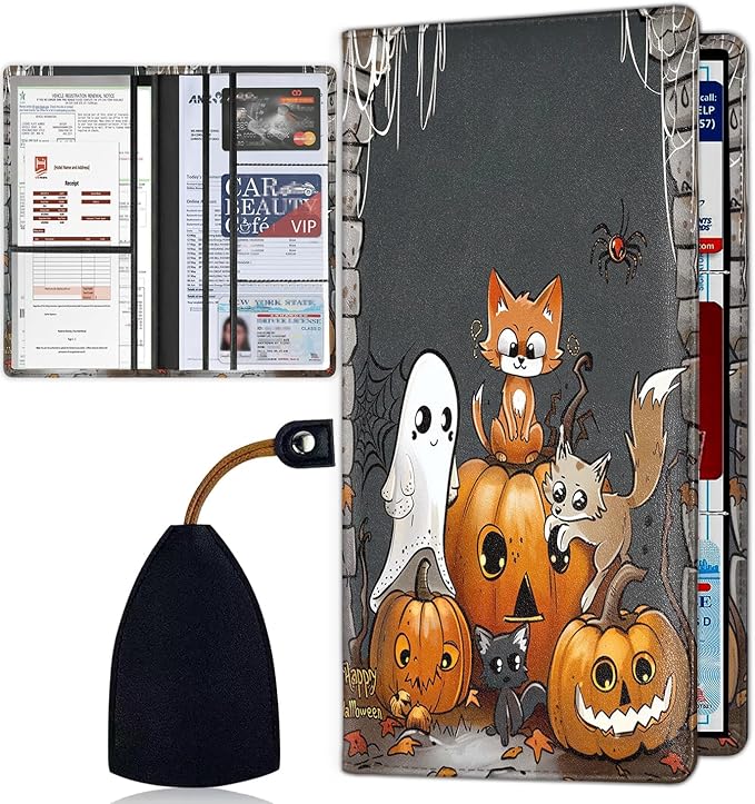 Car Registration and Insurance Card Holder for Women Men, Waterproof PU Leather Glove Box Car Organizer with Magnetic Shut, Vehicle Document Holder for Driver License,Cards, Pumpkin Cartoon Cat
