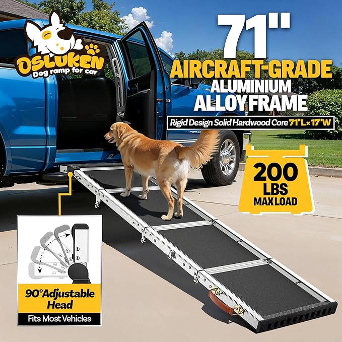 Dog Ramp for Car (200 lbs), Extra L71” W17” Folding Pet Ramp for Large Dogs 90° Adjustable Head, Outdoor Anti-Slip Foldable Dog Car Ramps for SUV Truck Side Door (5 Folded)