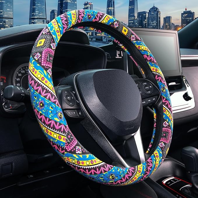 SEG Direct Steering Wheel Cover Handwoven Flax with Geometric Patterns, Anti-Slip & Breathable, Ethnic Style Steering Wheel Protector, Fits 14.5" - 15.25" Wheels