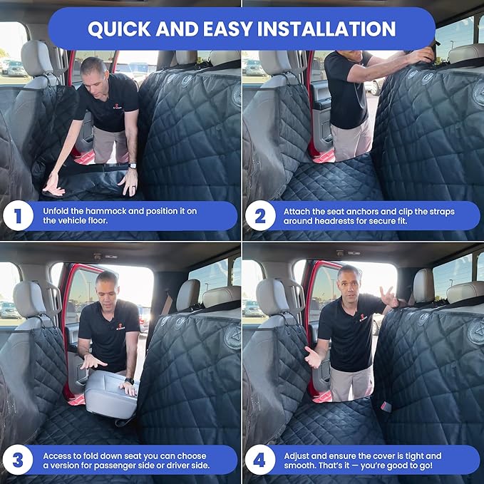 4Knines Dog Floor Hammock for Truck & Crew Cab with Fold Up Seats – Back Seat Pet Cover for Dogs – Compatible with Ford F-150, GMC, Chevrolet, Toyota Full Size Trucks (Passenger Side Split, Black)