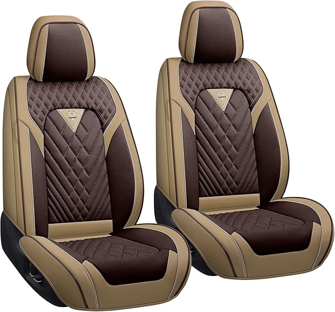 LPDK Fit for Kia Sportage Car Seat Covers Front Set 2pcs with Waterproof Leather,Lumbar Muscle Pain Healing Function,Airbag Compatible Automotive Breathable Seat Protectors(Ivory Coffee)