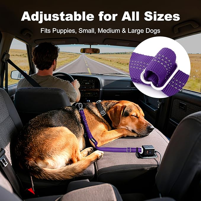 APakBak Dog Seat Belt for Car, Adjustable Dog Car Harness Seatbelt for Small Medium Large Dogs, Heavy Duty Travel Safety Restraint with Locking Aluminum Hook & Reflective Nylon Strap, Purple