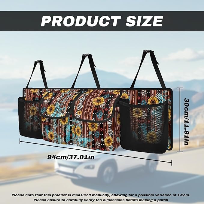 CLOHOMIN Aztec Trunk Organizer for Car Sunflower Car Backseat Hanging Organizer for SUV Van Car Cargo Storage Collapsible with 4 Pockets Adjustable Straps