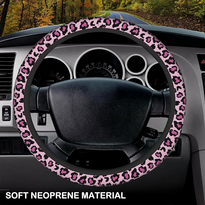 Pink Leopard Print Elastic Steering Wheel Cover, Non-Slip Breathable Neoprene Steering Wheel Covers, Women Pink Car Accessories, Universal 15 Inch Fit Auto, Suvs, Truck