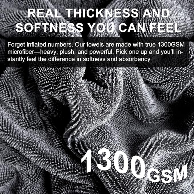 Singrune 2 Pack XL Car Drying Towel – 1300GSM Ultra Absorbent Microfiber, 24"x36" Large Size, Twisted Loop, Lint-Free & Streak-Free for Auto Detailing, Car, SUV, Truck (Gray-Gray)