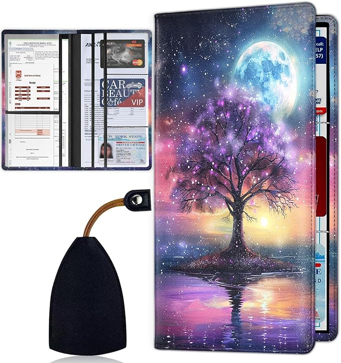 Car Registration Holder, PU Leather Vehicle Card Document Glove Box Organizer, Women Interior Auto Accessories Case for Cards, Driver License Car Insurance Holder, Purple Dark Night Trees Starry Sky
