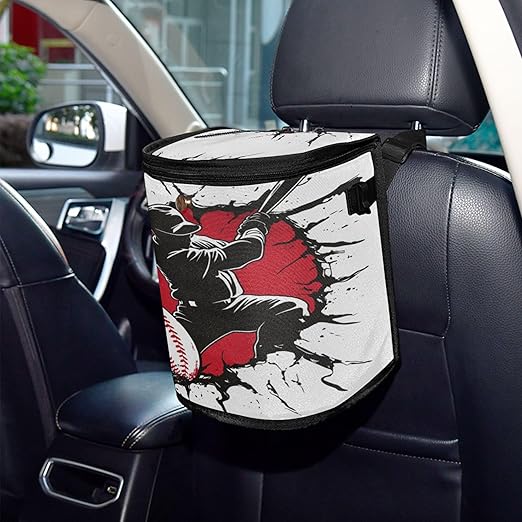 MNSRUU Car Trash Can with Lid, Baseball Player Hitting A Ball Car Trash Bag Hanging Organizers and Storage for Front Back Seat, Leak-Proof Trash Bin