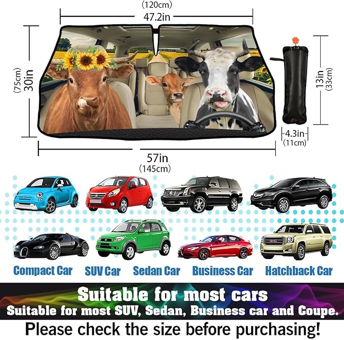 DOPINDU Cow Print Car Windshield Sun Shade Umbrella Bendable Handle Foldable Funny Sunshade for Car Windshield Block UV Rays Keep Vehicle Cool for Most Sedans SUV Trucks Cars 57"x30"