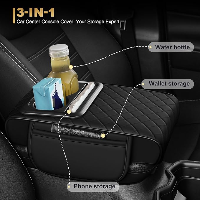 Center Console Cover for MDX: Armrest Cover for Car with 2 Storage Bags - Waterproof Leather Center Console Cover with Cup Holder for Car,Anti-Scratch Auto Armrest Pad Accessory （Black