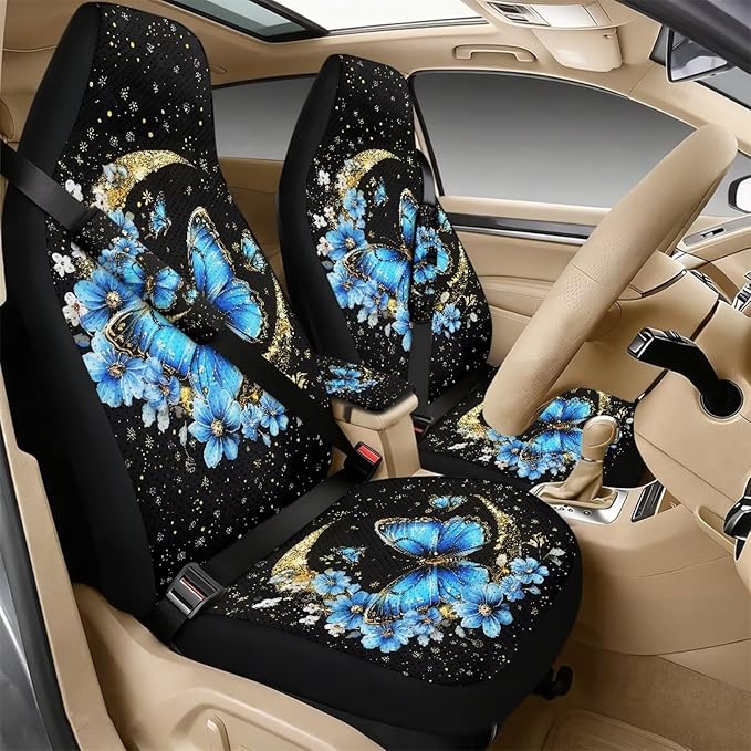 Qeluxign 5 Piece Car Accessories Set with 2 PU Leather Seat Covers, Butterfly Moon Star Floral 2 Belt Pads & 1 Armrest Cover Fit for Most Vehicles Easy Install & Clean