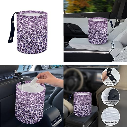 Car Trash Can with Hanging for Back Seat, Car Accessories for Women Men Automotive Garbage Cans Vehicle Trash Can for Truck SUVBling Purple Leopard Print