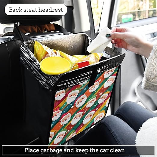 Car Trash Can Organizer Bin with Adjustable Strap for Back Front Seat Console Waterproof Leakproof Collapsible Portable 8.66 Inch Colorful Diagonal Striped Santa Claus
