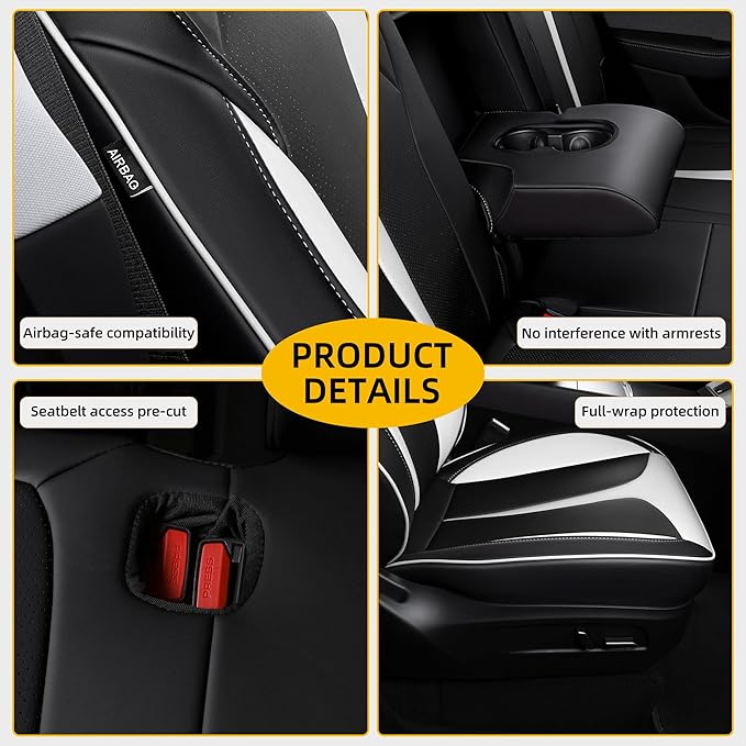 OURPLOT Custom Fit Seat Covers for 2025 2026 Tesla Model Y Juniper (5-Seater), Waterproof Breathable Nappa Leather, OEM Factory Style Full Set Car Seat Protectors Airbag Compatible - Black+White
