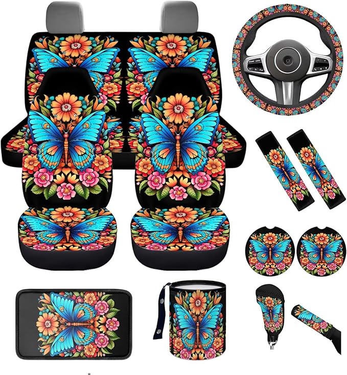 Dngkaoje Butterfly Flowers Car Seat Cover Set 13 Pcs Vintage Butterfly Print Car Interior Accessories Full Set for Women Auto Center Console Cover Pad,Hanging Trash Bag,Seatbelt Shoulder Pads