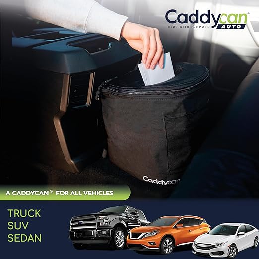 Caddycan Auto - Car Trash Can with Lid | Compact, Durable Multipurpose Trash Bin and Organizer for Commuting, Adventures | Utility Pockets and 100% Leak-Proof