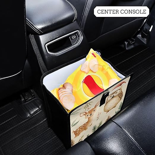Car Trash Can Organizer Bin with Adjustable Strap for Back Front Seat Console Waterproof Leakproof Collapsible Portable 11 Inch Christmas Deer Owl Pinecorns Leaves Beige