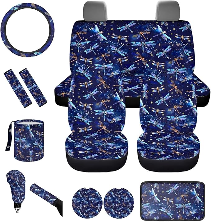 Dngkaoje Blue Dragonfly Car Accessories Full Set 13 Pcs Dragonfly Print Car Seat Covers Set for Front and Rear Cute Steering Wheel Cover Collapsible Garbage Bin Cup Mats,Universal Fit