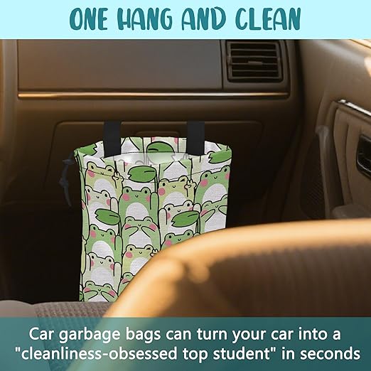 KXWQTRDD Car Garbage Bag Cute Cartoon Frogs Drawstring Car Trash Bag Hanging for Back Seat with Adjustable Buckle Canvas Vehicle Trash Can Easy-to-Install