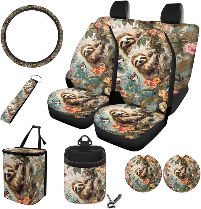 Sloth Butterfly Flower Printed Car Accessories Sets, Universal Front and Rear Split Bench Seat Covers for Cars with Matching Steering Wheel Cover Trash Can Air Vent Storage Bag Coaster