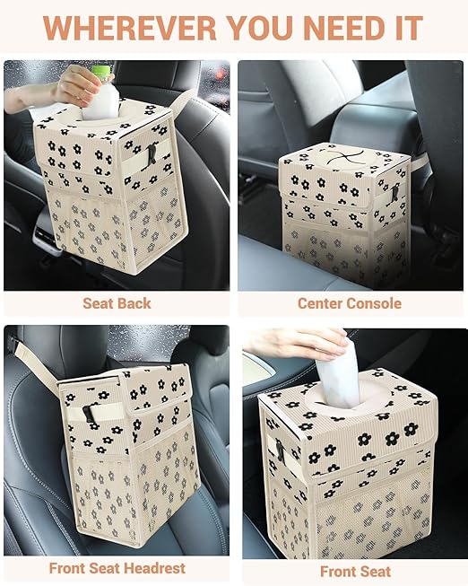 Capolo Car Trash Can with Lid, Leakproof Car Trash Bag Hanging Waterproof Automotive Garbage Can with Storage Pockets Mini Vehicle Trash Bin for Back/Front Seat(Corduroy Black Flower,3 Gallon)