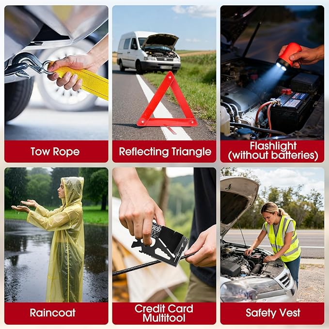 VEIYIE Roadside Car Emergency Kit, Winter Car Safety Kit with 10FT Jumper Cables, Tow Strap, Tool Kit, Reflective Warning Triangle, Road Trip Essentials, for New Drivers, Teens