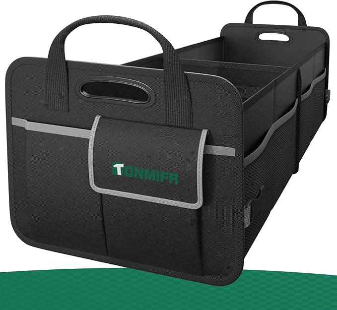 Tonmifr 2-Compartment Trunk Organizer & Multi-Compartment Storage Box 600D Waterproof Oxford, with Reflective Strips and 8 Side Mesh Pockets for SUV, Sedan, Minivan- Heavy-Duty Car Organiser(65L)