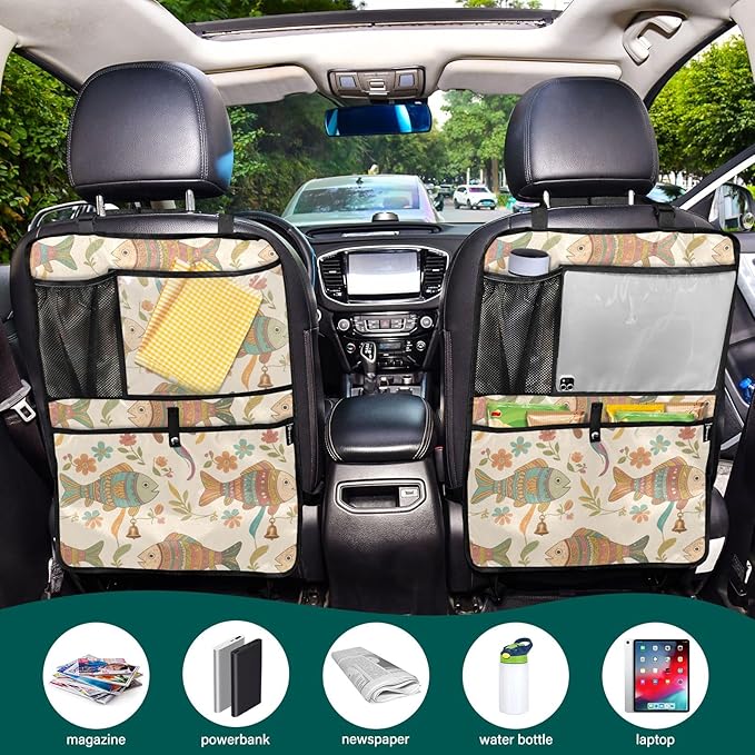 Car Back Seat Organizer with Fish Pattern, Multi-Pocket Storage Bag, Beige, Polyester, 25x18 Inch, Mesh Cup Holder, PVC Tablet Pocket, Kick Mat Protector