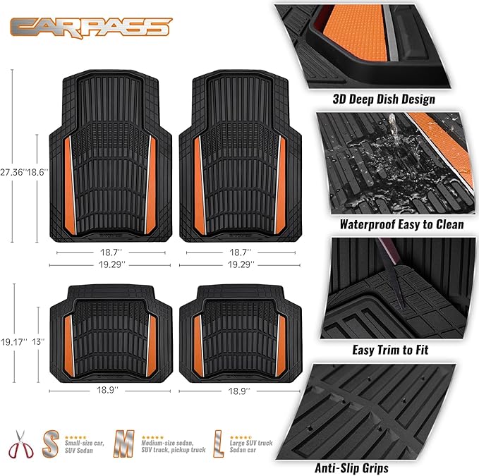 CAR PASS Heavy Duty Rubber Car Floor Mats, Deep Waterproof Car Floor Mats All Weather, Aluminum Film Floor Mats for Cars Non-Slip Universal Trim Fit for SUVs Trucks Sedans Vans, Black Orange Metallic